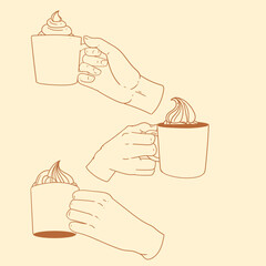 Original illustration set of a hand with a cup of tea or coffee, a vintage ink line drawing for cards, menus, cafes, baristas, tea houses or graphic design.