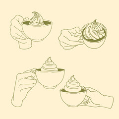 Original illustration set of a hand with a cup of tea or coffee, a vintage ink line drawing for cards, menus, cafes, baristas, tea houses or graphic design.