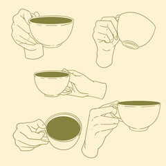 Original illustration set of a hand with a cup of tea or coffee, a vintage ink line drawing for cards, menus, cafes, baristas, tea houses or graphic design.