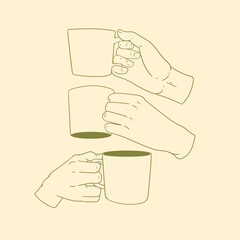 Original illustration set of a hand with a cup of tea or coffee, a vintage ink line drawing for cards, menus, cafes, baristas, tea houses or graphic design.