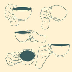 Original illustration set of a hand with a cup of tea or coffee, a vintage ink line drawing for cards, menus, cafes, baristas, tea houses or graphic design.