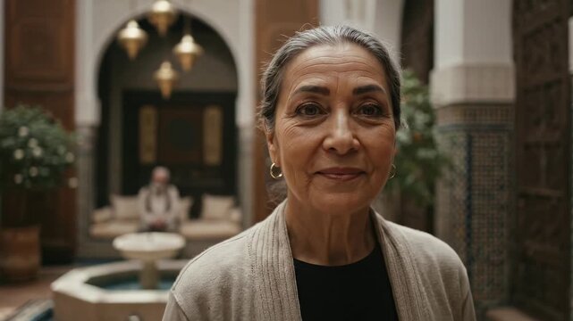 Elegant senior woman preparing tea. Moroccan riad courtyard setting, traditional decor. Warm light, peaceful atmosphere. Older female enjoying hospitality. Relaxing retirement lifestyle.