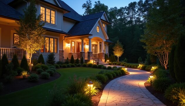 Luxury house with illuminated garden pathway at dusk. Warm outdoor lights guide way along manicured shrubs and trees. Inviting nighttime home exterior.