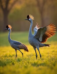 Obraz premium Two grey crowned cranes stand in green grass during sunset. One bird displays wings, showing feather details. Crowns gleam in warm golden hour light. Birds in natural habitat, showing wildlife beauty.