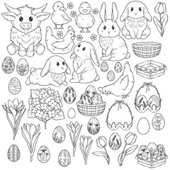 Collection of Easter theme arts, cute animals, Easter eggs, spring flowers, vector art