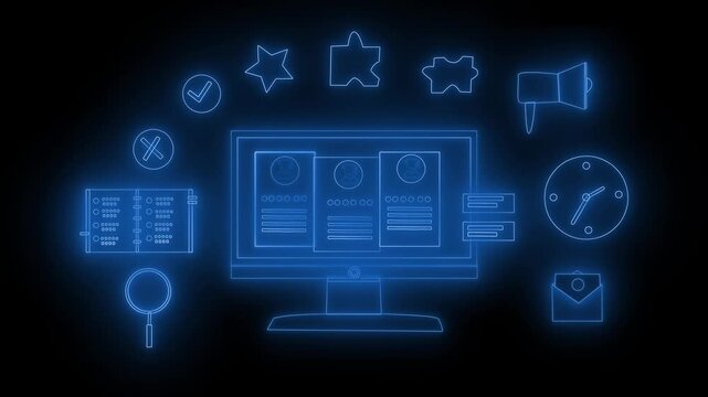 Glowing computer monitor with UI design icons animation