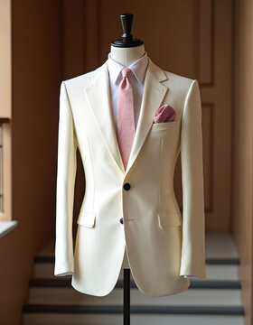 Cream tuxedo suit displayed on mannequin. White dress shirt, pink tie, and pink patterned pocket square. Classic formal menswear for special events.