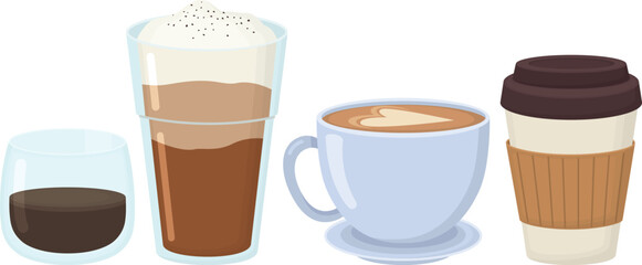 Illustration of latte, espresso, cappuccino, takeaway paper cup coffee. Set of coffee drinks isolated on white background