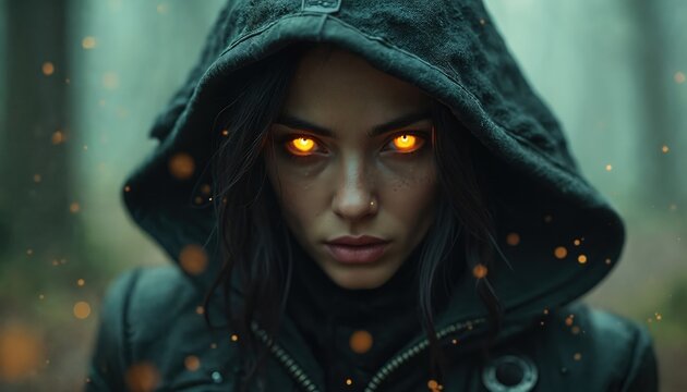 Hooded woman with fiery eyes stands in misty forest. Mystical atmosphere with glowing particles. Fierce female warrior appears dangerous and powerful, ready for adventure or battle.