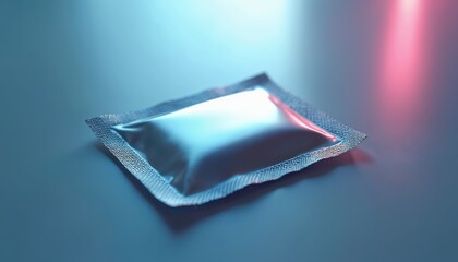 Single condom package shown in wrapper. Item for safe sex protection and contraception. Product for family planning and sexual health awareness.