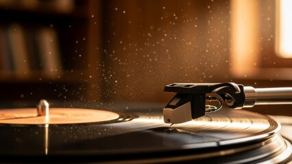 Obraz premium Music nostalgia concept featuring a turntable playing in warm light.