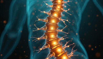Spinal column with glowing nerves illuminated. Vertebrae and nerve endings visible. Central nervous system concept with blue and orange elements. Anatomy and medical illustration.