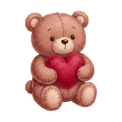 Cute fluffy teddy bear holding red heart isolated PNG