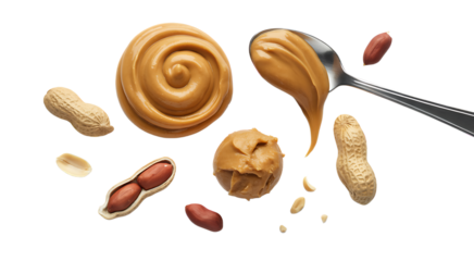 A luscious peanut butter spread with roasted peanuts and a silver spoon promising a creamy and on transparent background
