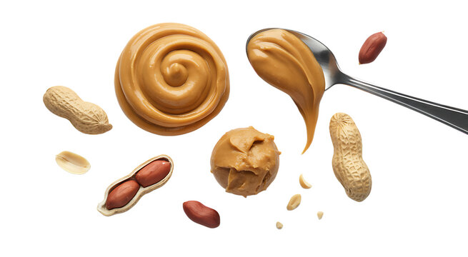 A luscious peanut butter spread with roasted peanuts and a silver spoon promising a creamy and on transparent background
