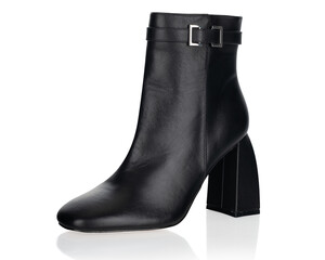 Black Leather Womans Ankle Boot Silver Buckle