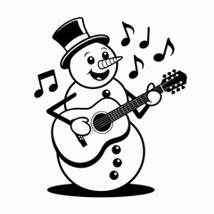 Snowman musician with guitar and musical notes vector &ndash; Great for holiday parties, winter music education, or festive greeting designs.