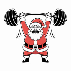 Santa lifting heavy barbell vector &ndash; Ideal for gym holiday posters, fitness motivation, or funny Christmas cards.