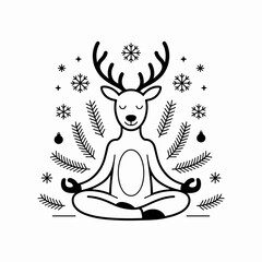 Meditating reindeer in lotus pose vector design &ndash; Suitable for peaceful holiday graphics, winter mental health, or mindful Christmas themes.