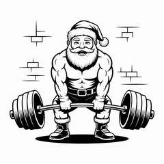 Bodybuilder Santa Claus deadlifting weights vector &ndash; Suitable for holiday strength training, funny gym apparel, or festive fitness themes.