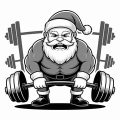 Funny Santa lifting weights in gym vector &ndash; Perfect for seasonal fitness blogs, workout apparel, or humor content.