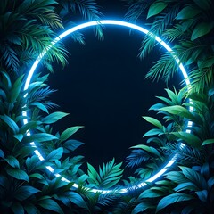 Glowing neon circle surrounded by lush tropical leaves in dark background