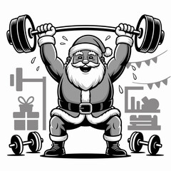 Muscular Santa lifting barbell vector &ndash; Suitable for holiday strength training ads, crossfit promotions, or festive cards.