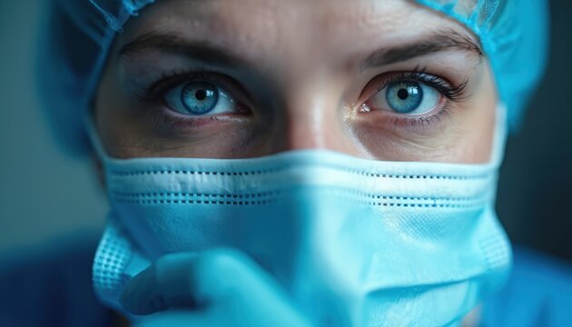 Surgeon eyes peer intensely, masked and gowned. Blue cap, gloves, and surgical mask signify critical medical procedure, high stakes, expert care.