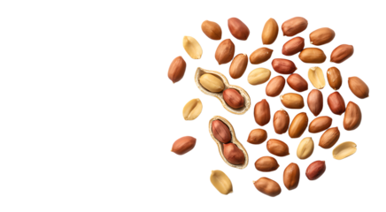 Golden-brown roasted peanuts, whole and broken, showing crinkled texture and exposed kernels, scattered on a transparent background with copy space, bright studio lighting. Appetizing food ingredient