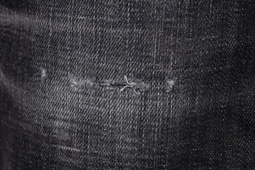 Close-up of Black Denim Fabric with Distressed Detail