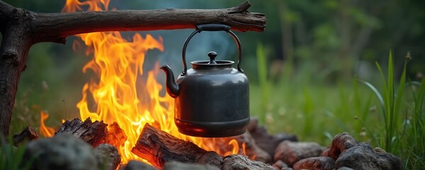 Metal kettle boils water over campfire flame. Log burns brightly, cooking outdoors in wild nature. Preparing hot drink on camping trip. Outdoor leisure activity.
