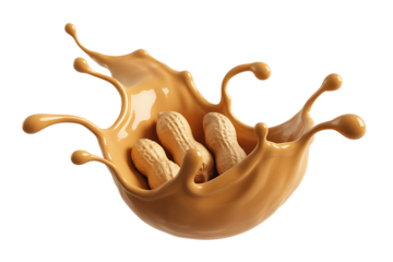 Roasted peanuts dropping into creamy peanut butter splash, transparent background, ideal for food marketing visuals