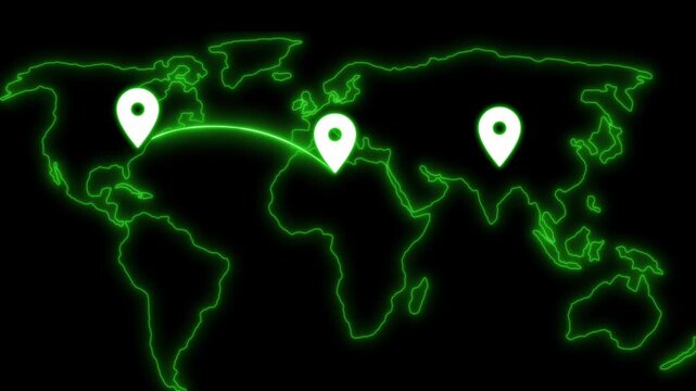 Stylized world map with flight path and location markers animation