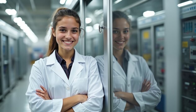 Smiling young woman in white lab coat crosses arms, leans on machine in modern lab. Shows confidence, enthusiasm in high-tech industrial setting, representing future careers in science, engineering.
