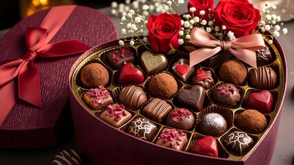 A heart-shaped box of assorted chocolates and roses for Valentines Day