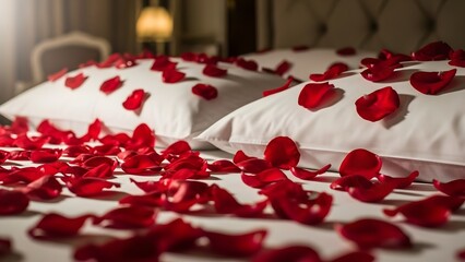 A romantic hotel bed decorated with red rose petals for Valentines Day