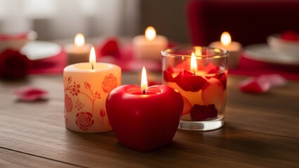 A romantic table setting with candles and rose petals for Valentines day