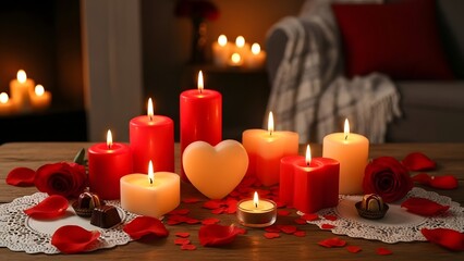 A romantic Valentine's Day setup with candles, roses, and chocolates in a cozy living room.