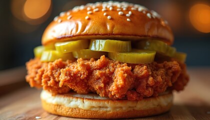 Spicy fried chicken sandwich with pickles on bun sits on wooden surface. Crispy breaded chicken fillet is stacked with tart pickle slices. Fast food item with gourmet presentation ready for meal.