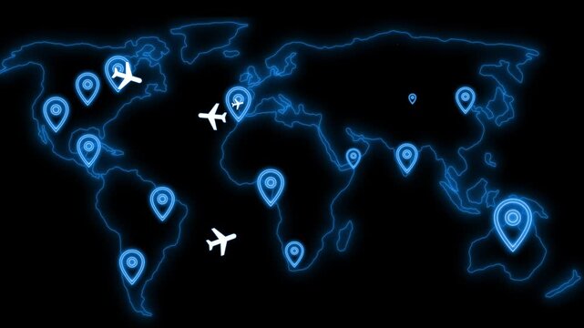 Stylized world map with travel markers and airplane animation