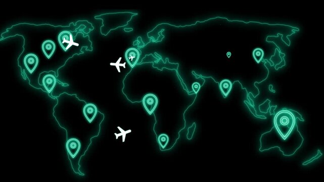 Stylized world map with travel markers and airplane animation