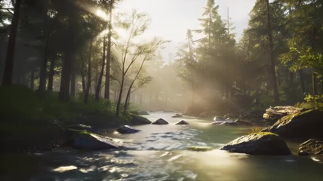 Serene forest stream flows gently through the misty landscape at sunrise with trees and rocks