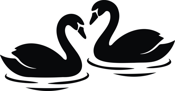 Two swans in love silhouette on water, romantic bird couple vector EPS