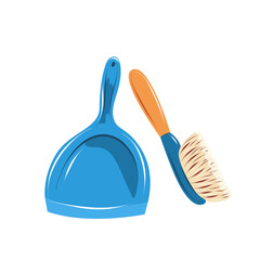 Dustpan with hand brush for sweeping dirt. Hand drawn vector illustration isolated on white, ideal for household cleaning, daily chores, home maintenance and cleaning service visuals.