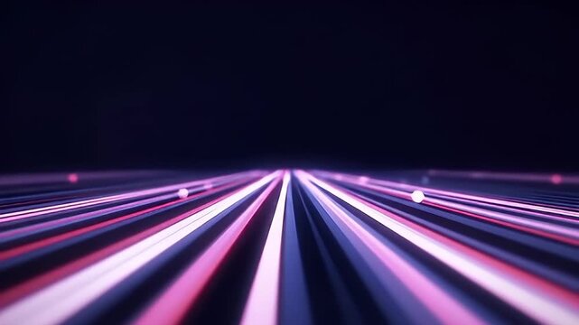 Futuristic neon lights illuminate a dark highway from a forward viewpoint