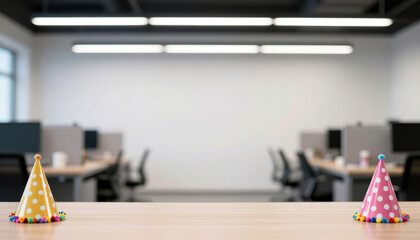 Empty office with colorful party hats on wooden table, festive decoration in workspace. Office includes modern desks and chairs, creating a cheerful atmosphere for celebrations.