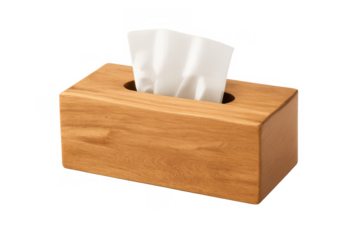 Wooden tissue box dispenser holding white paper tissues, natural home decor for comfort and hygiene, transparent background