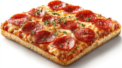Delicious square pepperoni pizza with melted mozzarella cheese and fresh thyme herbs, crispy deep dish focaccia style crust with spicy salami slices isolated on white for fast food restaurant menu