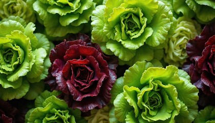 Fresh red and green lettuce heads arranged closely together. Crisp textured leaves form tight rosettes, showing vibrant color contrast. Healthy food ingredient for salads.