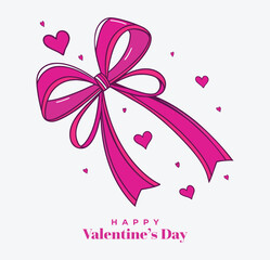 Happy Valentine&rsquo;s Day Pink Bow Ribbon Illustration With Hearts Romantic Gift Decoration Design